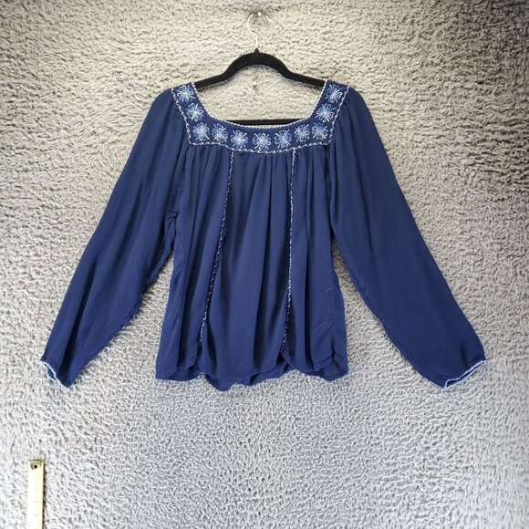 Passport Top Womens XL Blue Embroidered Bohemian Rayon Long Sleeve Blouse - Picture 7 of 8